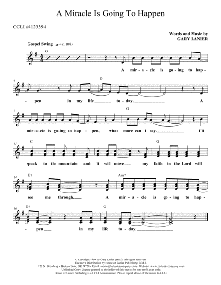 PRAISE MUSIC! A MIRACLE IS GOING TO HAPPEN - Lead Sheet (Includes Melody, Lyrics & Chords) image number null