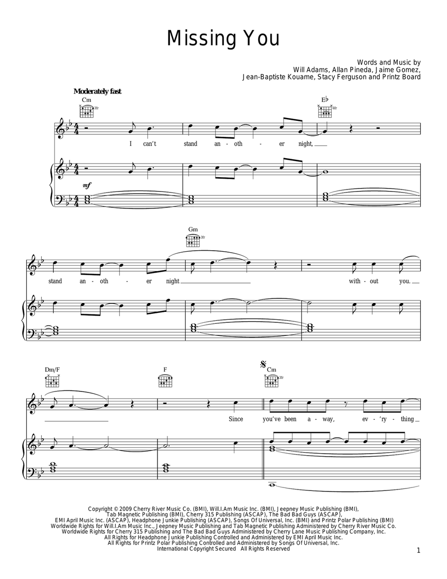 Missing You Piano, Vocal, Guitar scores gallery preview page 1