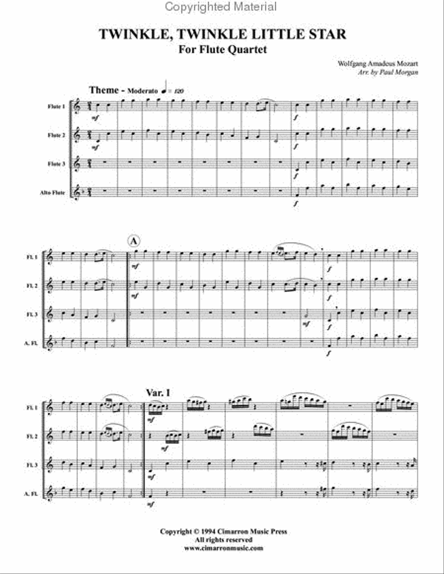Twinkle, Twinkle Little Star Flute Quartet scores gallery preview page 2