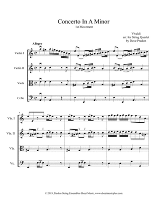 Book cover for Vivaldi Concerto in A Minor, 1st Mvt. for String Quartet