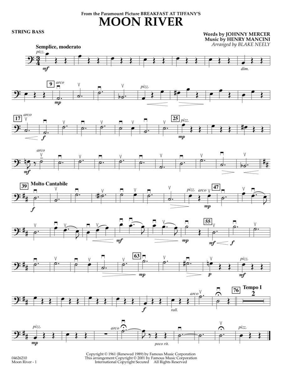 Moon River (from Breakfast at Tiffany's) (arr. Blake Neely) - String Bass String Orchestra scores gallery preview page 1