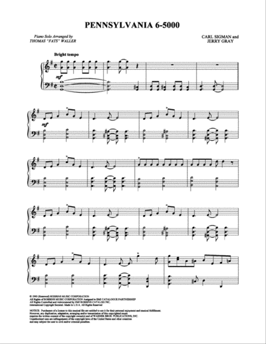 Pennsylvania 6-5000 Piano Solo scores gallery preview page 1
