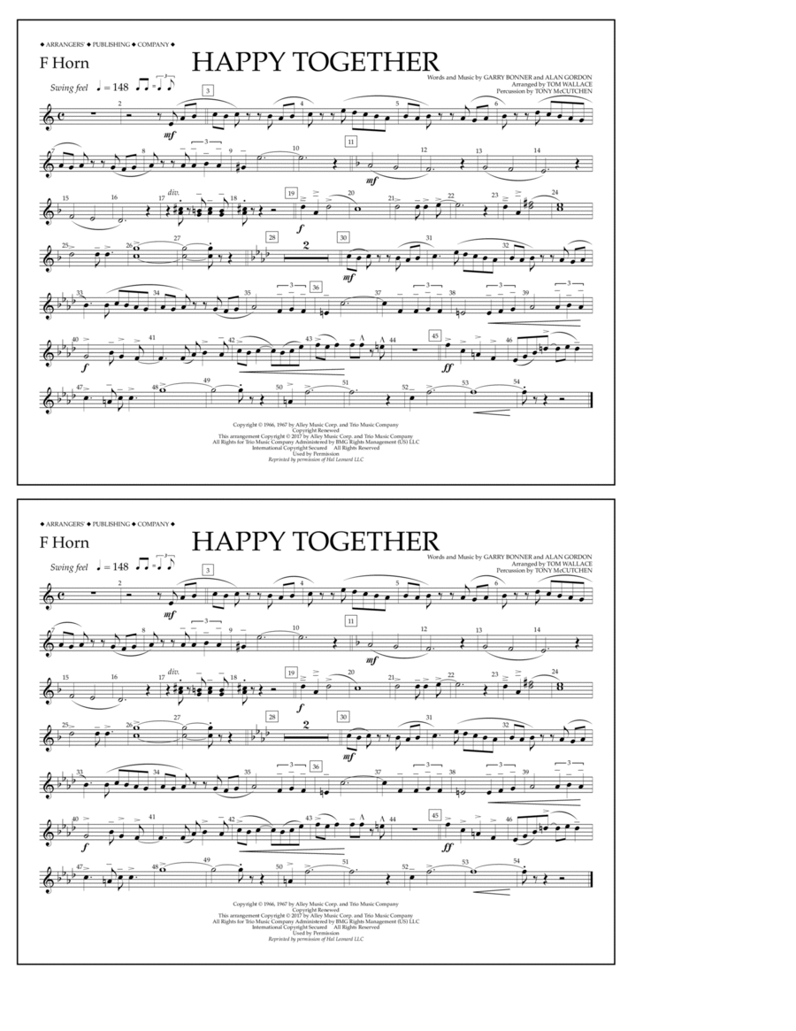 Happy Together - F Horn Horn scores gallery preview page 1
