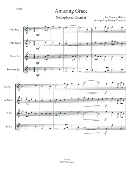 Amazing Grace for Saxophone Quartet (SATB or AATB) image number null
