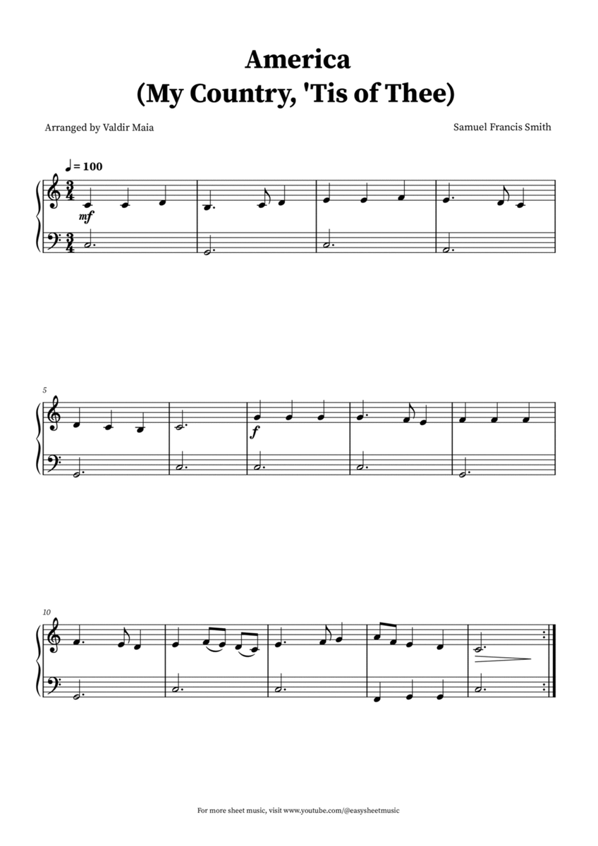 America (My Country, 'Tis of Thee) - Easy Beginner Piano image number null