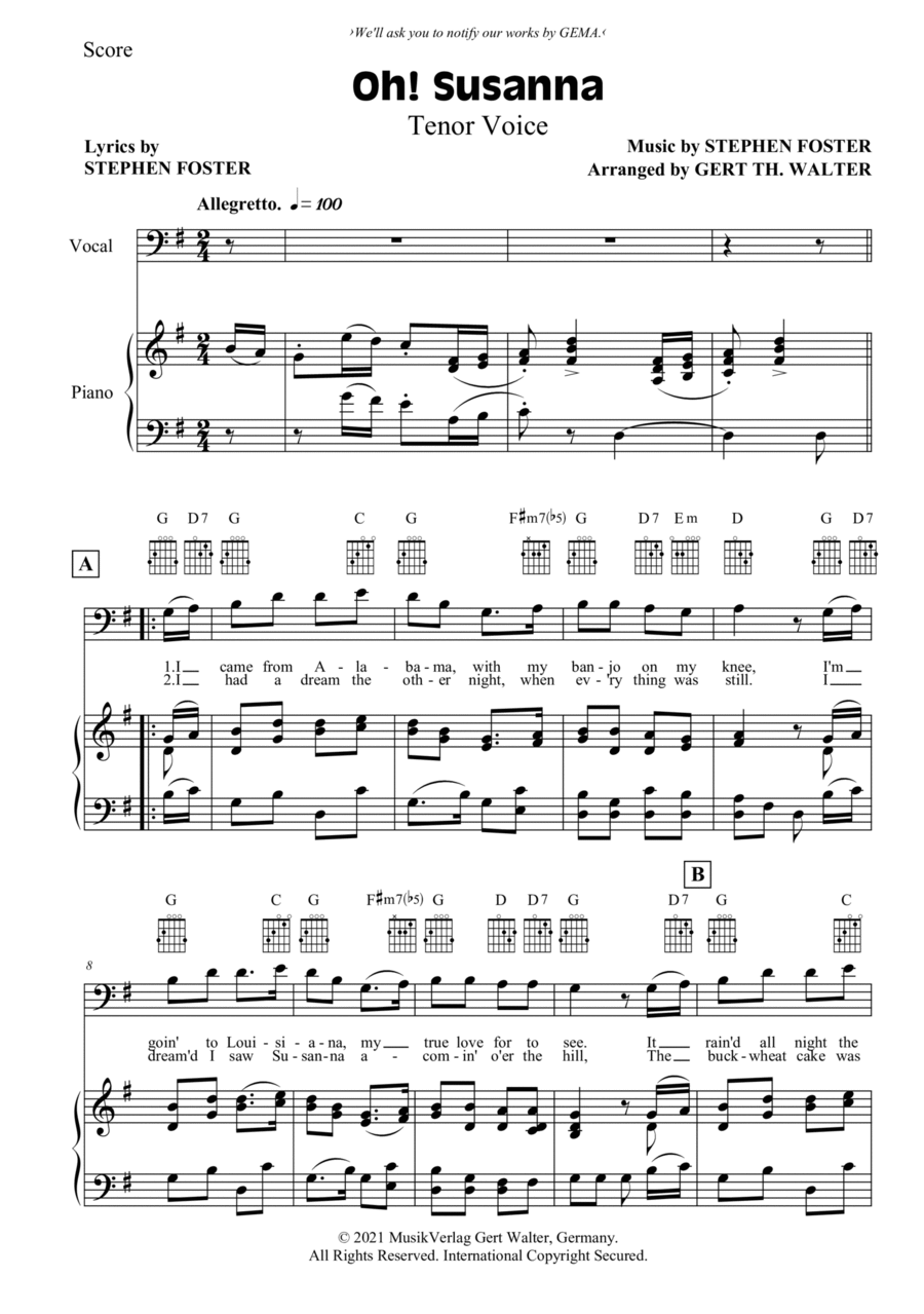 Oh! Susanna Tenor Voice scores gallery preview page 1