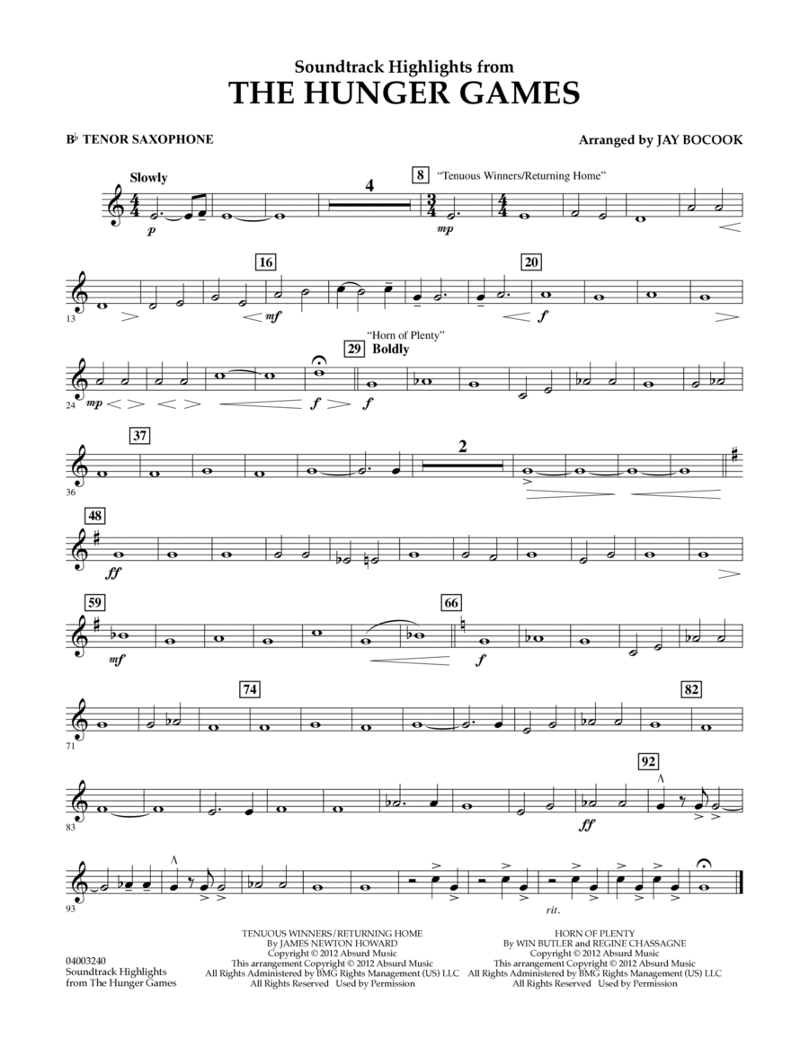 The Hunger Games (Soundtrack Highlights) - Bb Tenor Saxophone Concert Band scores gallery preview page 1