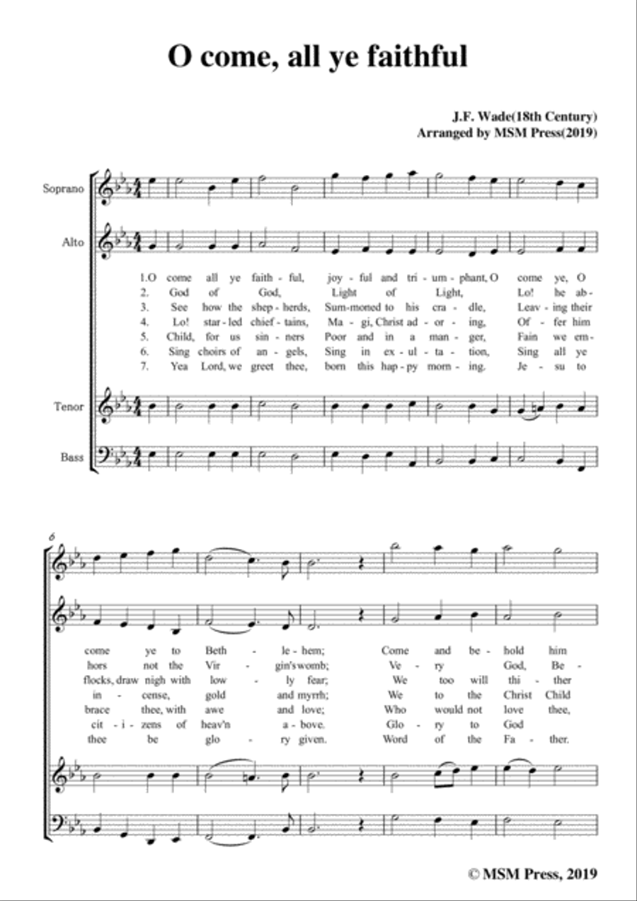 Wade-Adeste Fideles(O come,all ye faithful),in E flat Major,for A Cappella 4-Part scores gallery preview page 3