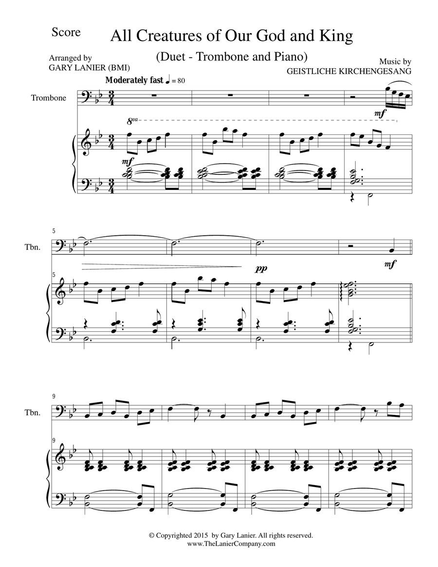 Gary Lanier: 3 HYMNS of ADORATION (Duets for Trombone & Piano) Trombone Duet scores gallery preview page 3