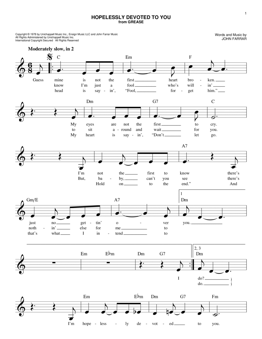 Hopelessly Devoted To You Piano scores gallery preview page 1