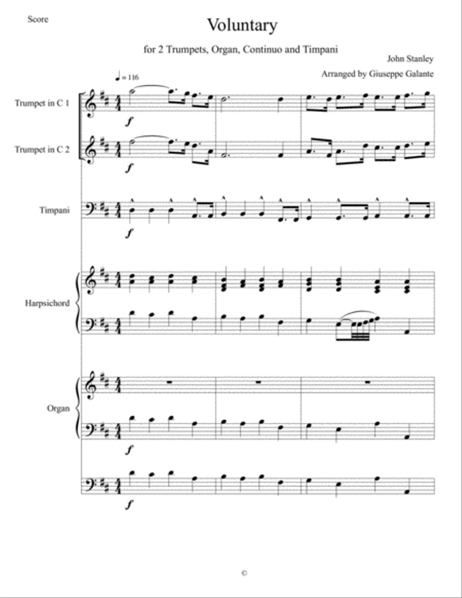 Voluntary in D Major for 2 Trumpets, Organ, Continuo and Timpani Small Ensemble scores gallery preview page 2