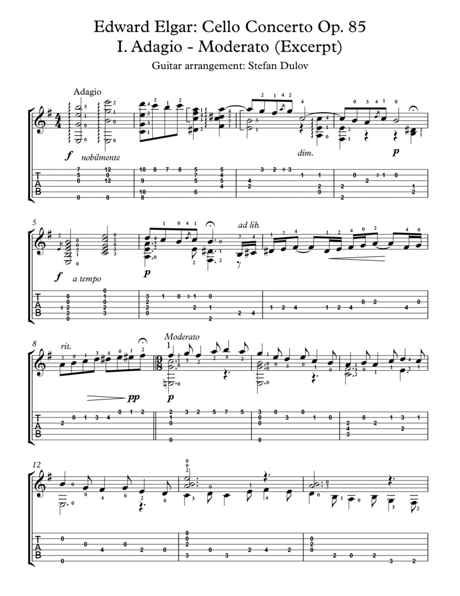 Cello Concerto in E Minor, Op. 85 - I. Adagio - Moderato (Excerpt) Acoustic Guitar scores gallery preview page 1