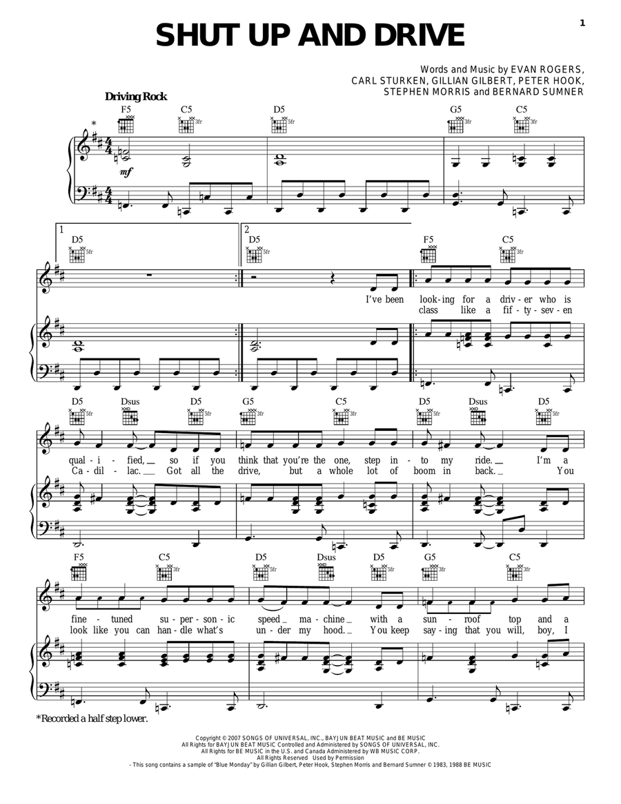 Shut Up And Drive Piano, Vocal, Guitar scores gallery preview page 1
