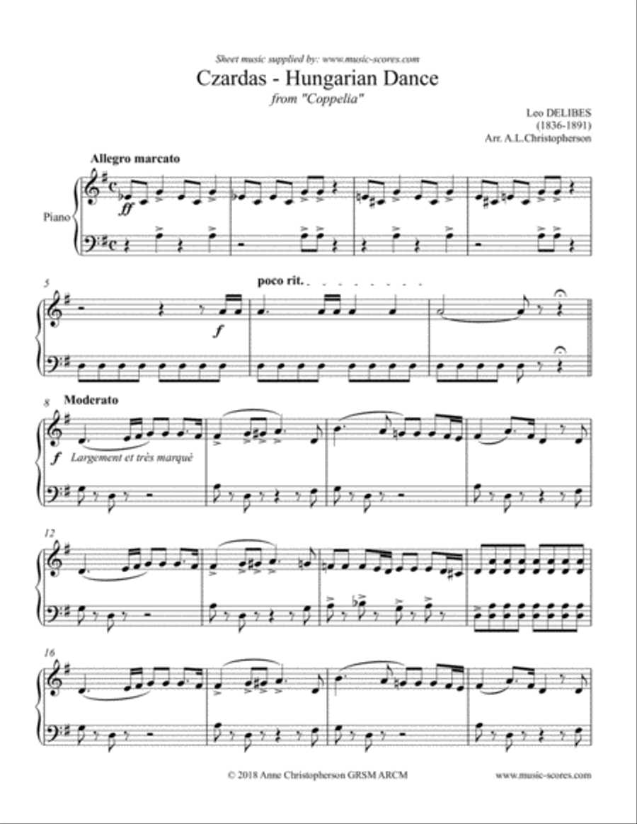 Czardas: Hungarian Dance from Coppelia - Intermediate Piano Piano Solo scores gallery preview page 1
