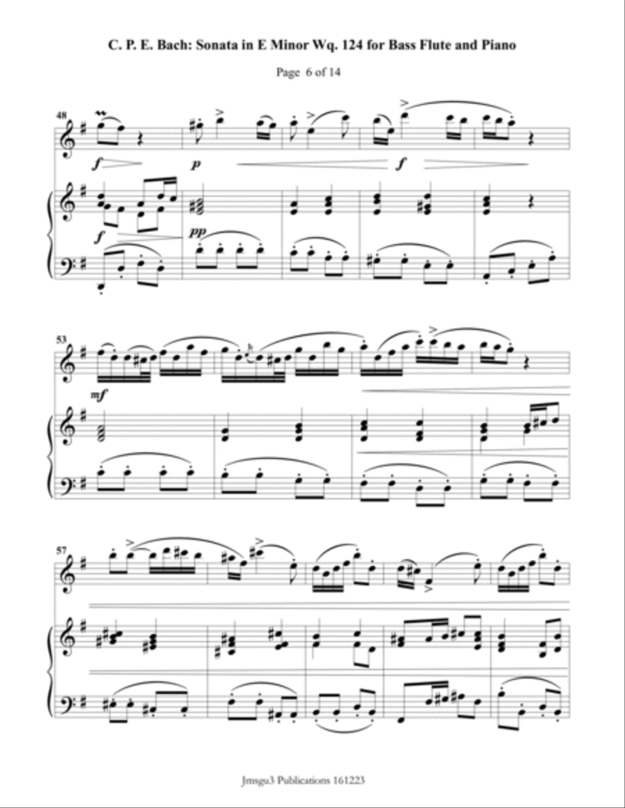 CPE BACH: Sonata in E Minor WQ124 for Bass Flute & Piano Flute Solo scores gallery preview page 6