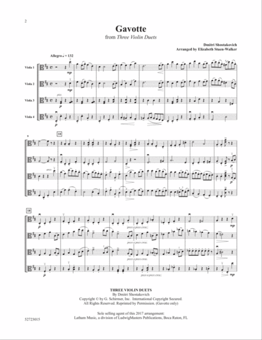 Gavotte from Three Violin Duets for Viola Quartet Viola scores gallery preview page 1