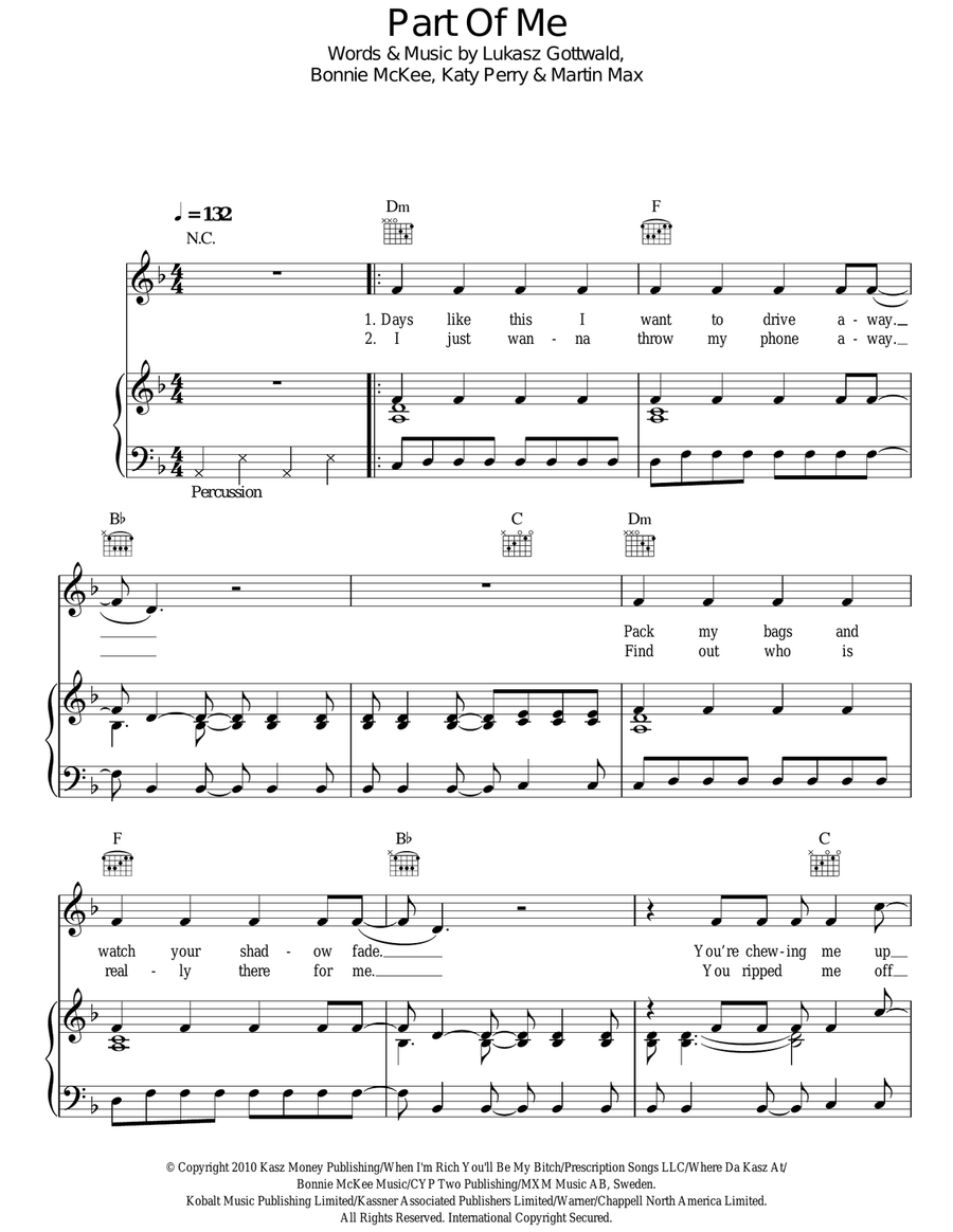 Part Of Me Piano, Vocal, Guitar scores gallery preview page 1