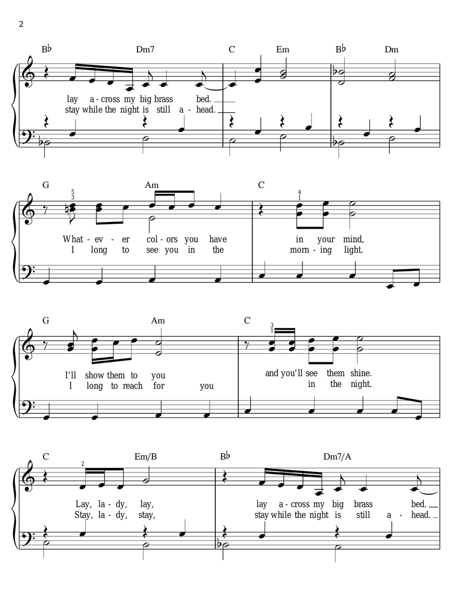 Lay Lady Lay Lay Lady Lay Easy Piano scores gallery preview page 2