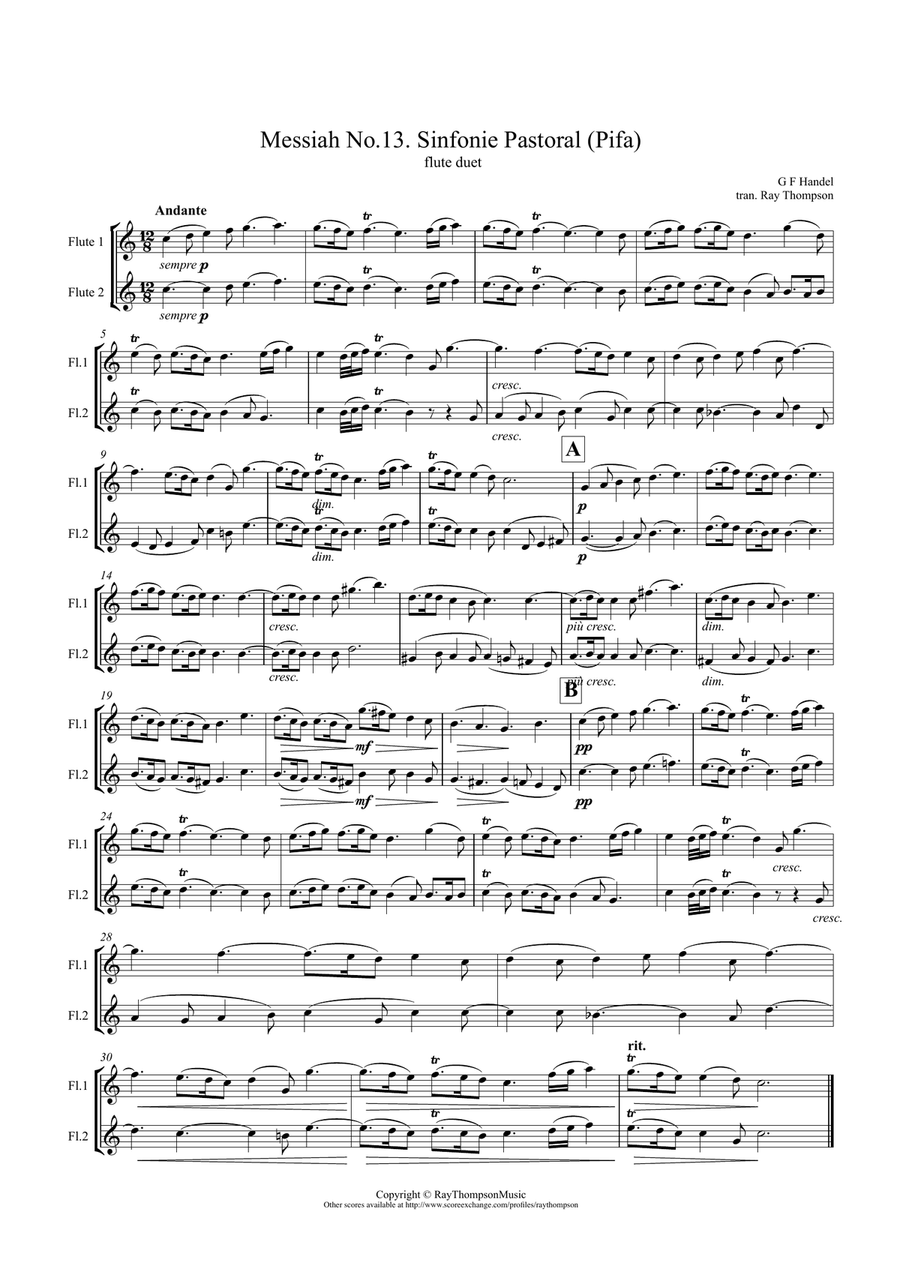Handel: Sinfonie Pastoral (Pastoral Symphony)(Pifa) from The Messiah (Der Messias) - flute duet Flute Duet scores gallery preview page 1