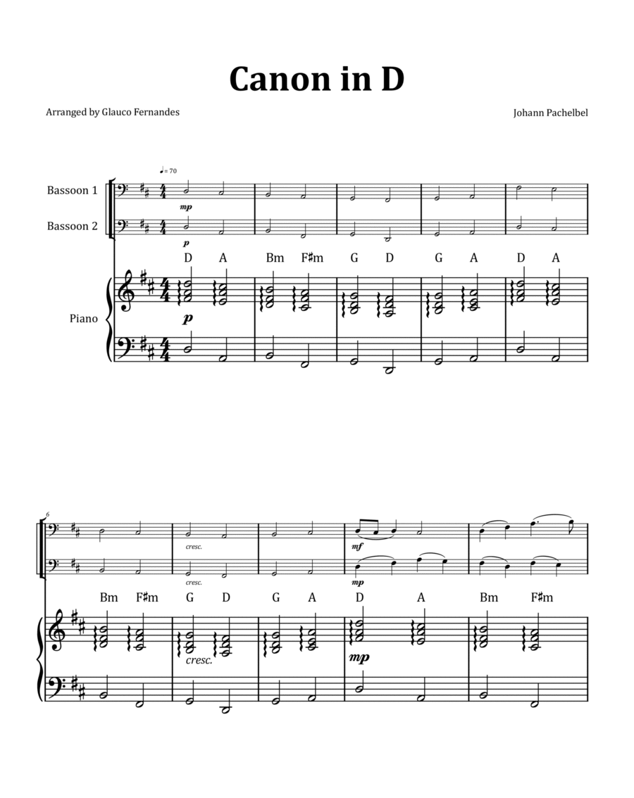 Canon by Pachelbel - Bassoon Duet with Piano and Chord Notation image number null