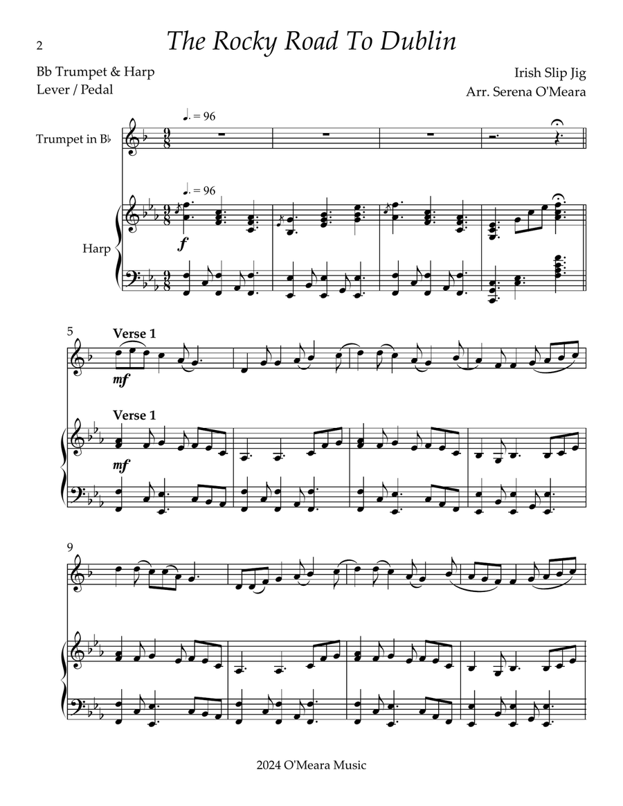 The Rocky Road to Dublin, Duet for Bb Trumpet & Harp Trumpet Duet scores gallery preview page 2