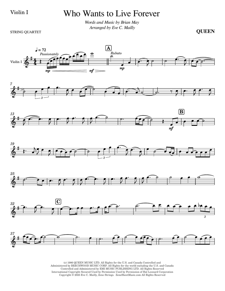 Who Wants To Live Forever String Quartet scores gallery preview page 6