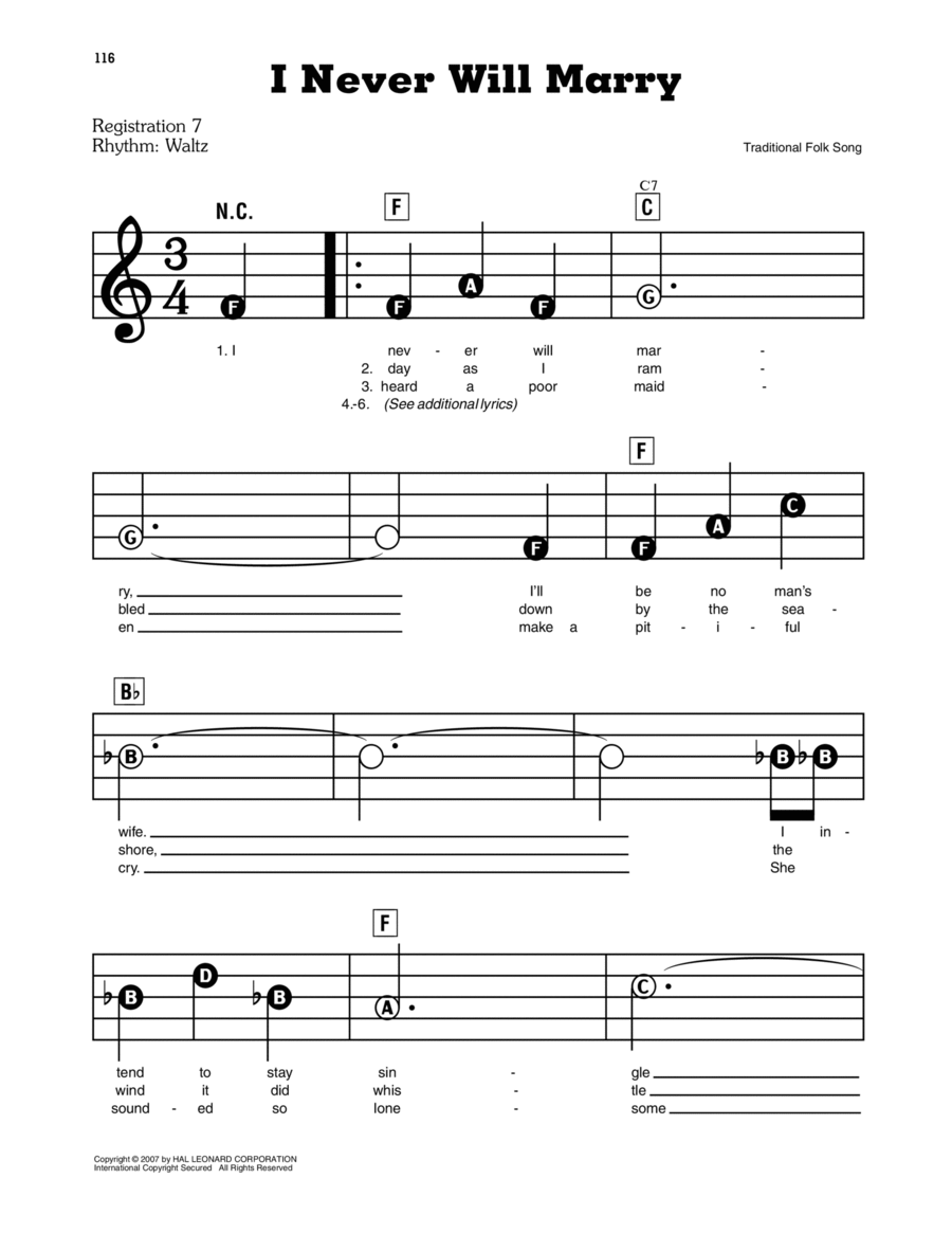 I Never Will Marry Electronic Keyboard scores gallery preview page 1