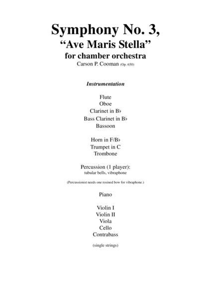 Carson Cooman: Symphony No. 3, “Ave Maris Stella” (2005) for chamber orchestra, full set of parts on