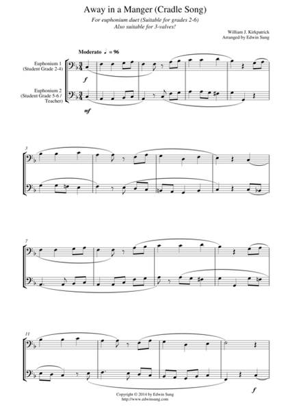 Away in a Manger (Cradle Song) (for euphonium duet (bass clef, 3 or 4 valved), suitable for grades 2 image number null
