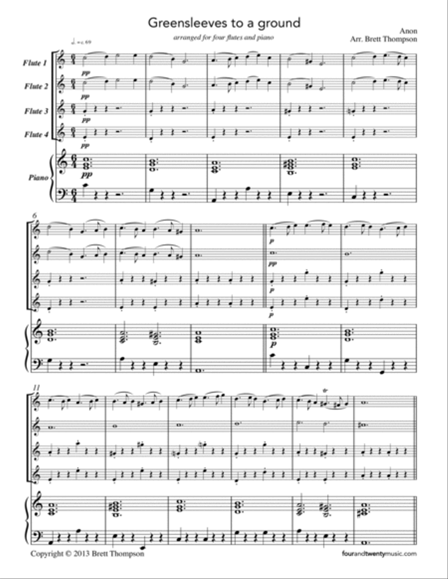 Greensleeves to Ground, arranged for 4 flutes and piano Flute Solo scores gallery preview page 2