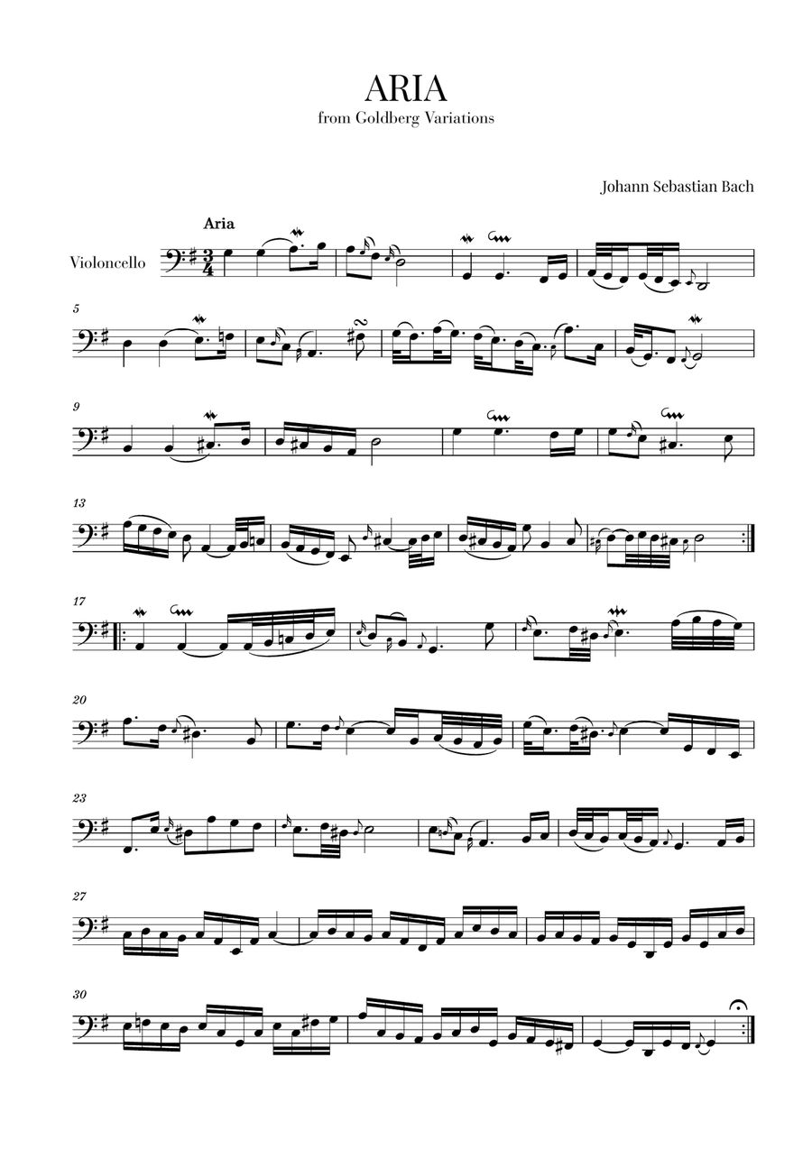 Aria (from Goldberg Variations - BWV 988) for Cello Cello Solo scores gallery preview page 1
