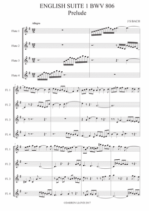 Book cover for ENGLISH SUITE 1 BWV 806 Prelude - Flute quartet