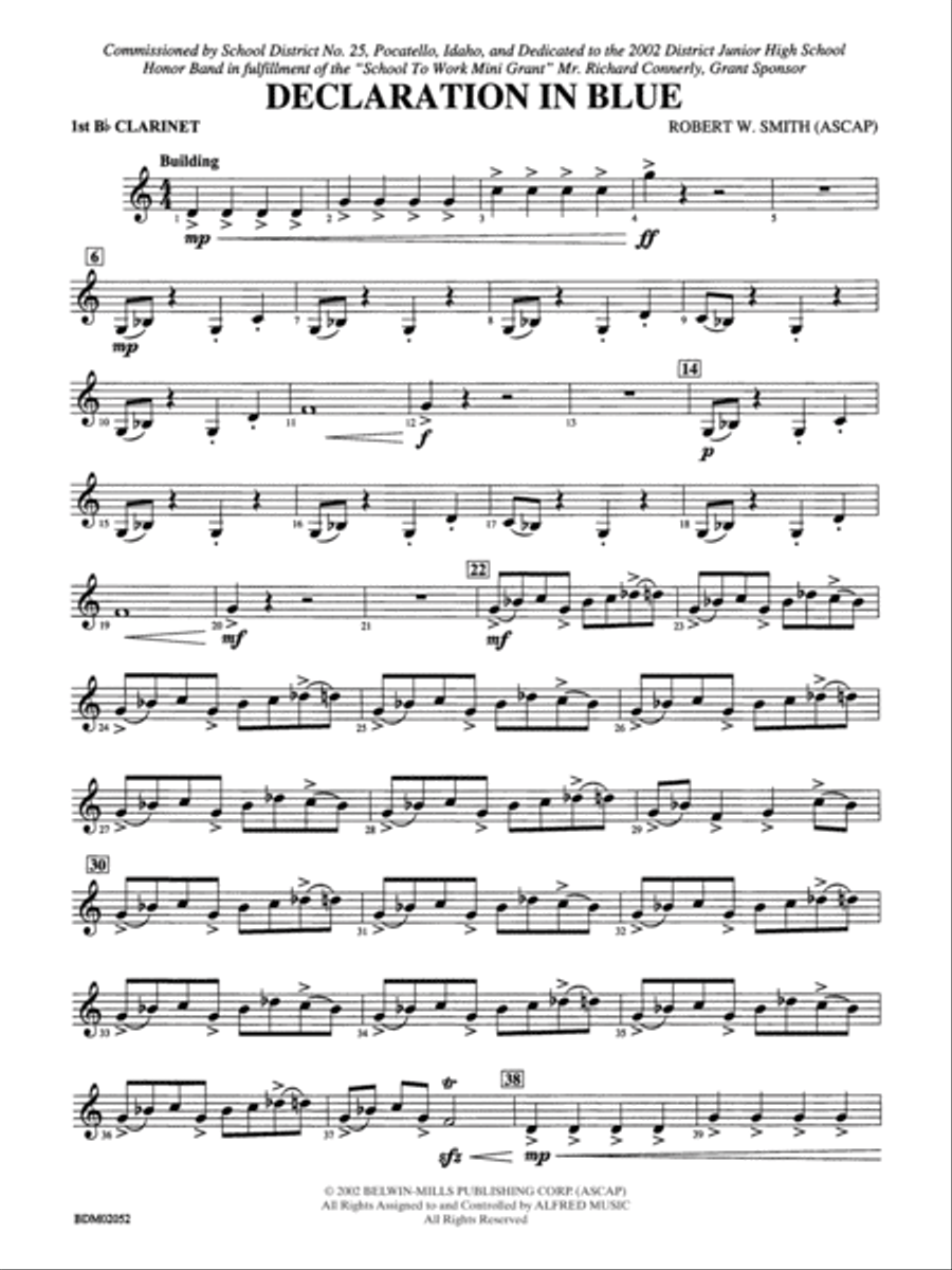 Declaration in Blue: 1st B-flat Clarinet Concert Band scores gallery preview page 1