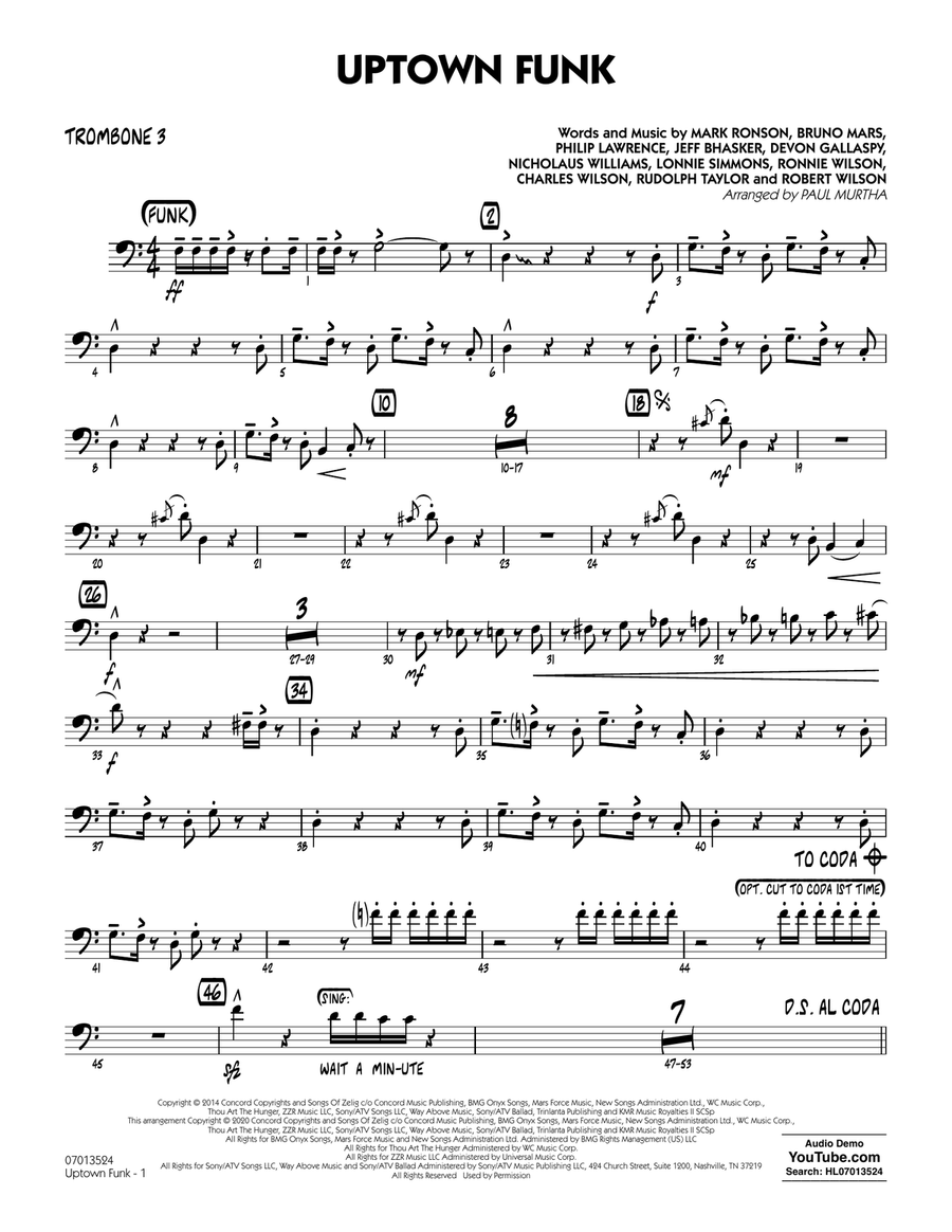 Uptown Funk (feat. Bruno Mars) (arr. Paul Murtha) - Trombone 3 Jazz Ensemble scores gallery preview page 1