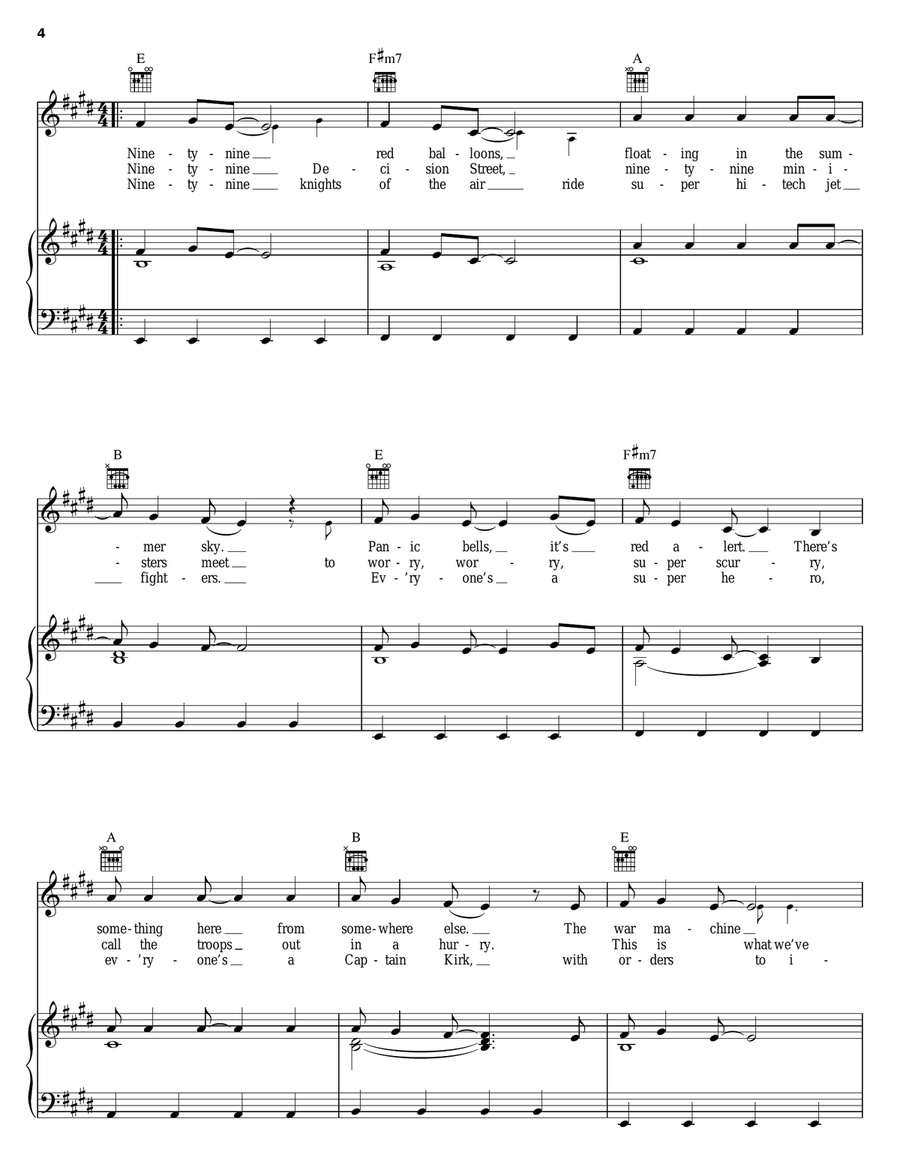 99 Red Balloons (99 Luftballons) Piano, Vocal, Guitar scores gallery preview page 4