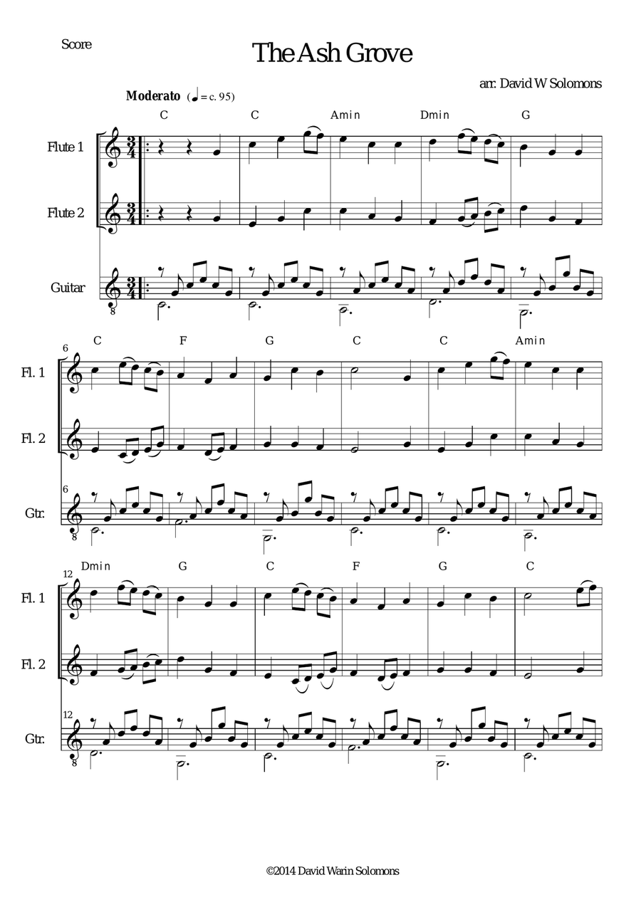 The Ash Grove (Llwyn Onn) 2 flutes and guitar Flute scores gallery preview page 1