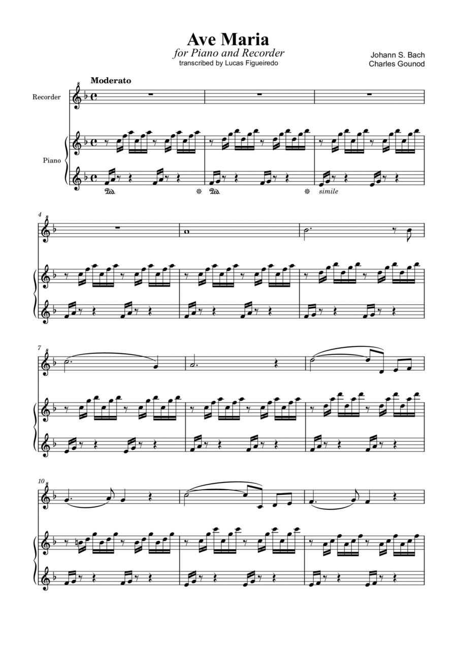 Ave Maria (Bach-Gounod) for Piano and Recorder (in F Major)