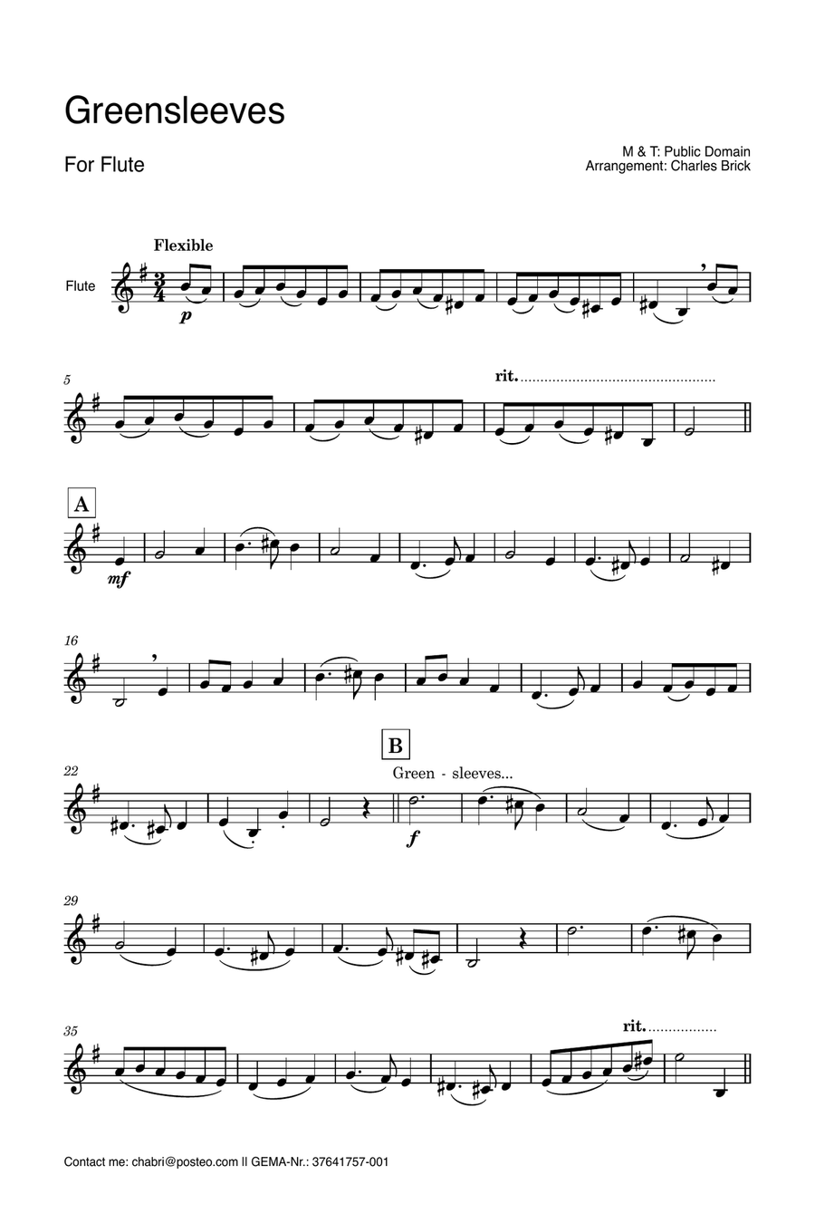 Greensleeves Flute Solo scores gallery preview page 1