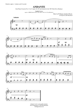 Andante (2nd Movement) from Piano Concerto No. 21 "Elvira Madigan" (Mozart) - Solo Piano (Level 1)