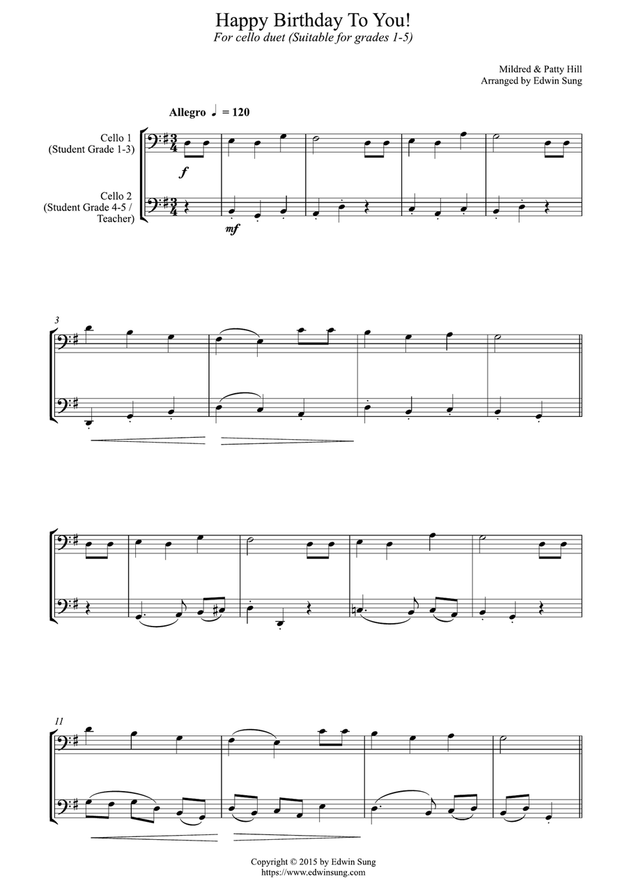Happy Birthday To You! (for cello duet, suitable for grades 1-5) String Duet scores gallery preview page 1