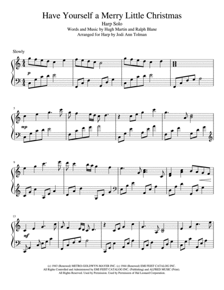 Have Yourself A Merry Little Christmas from MEET ME IN ST. LOUIS by Barry Manilow Harp - Digital Sheet Music