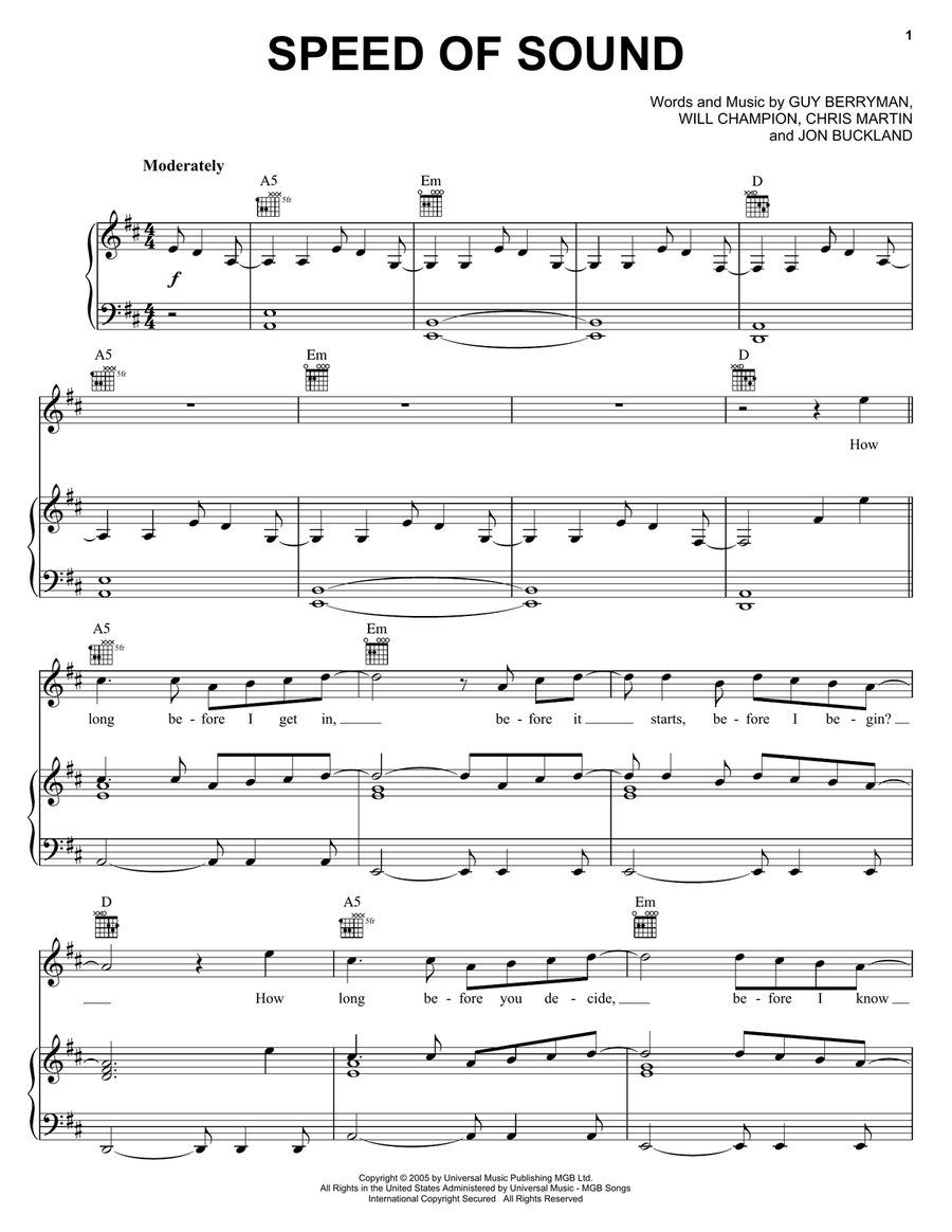 Speed Of Sound Piano, Vocal, Guitar scores gallery preview page 1