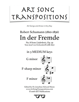 Book cover for SCHUMANN: In der Fremde, Op. 39 no. 8 (in 3 medium keys: G, F-sharp, F minor)