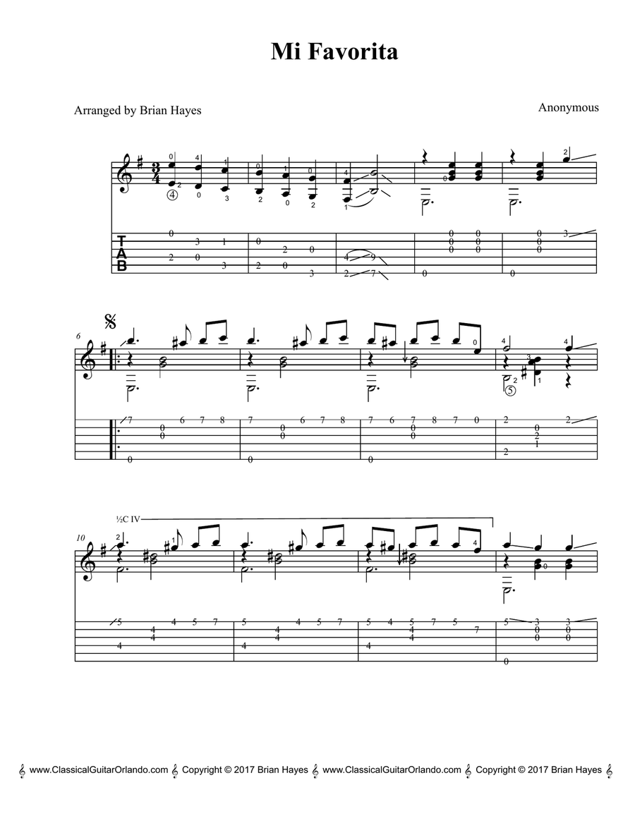 Mi Favorita (a 19th century mazurka) (with Tablature) Classical Guitar scores gallery preview page 2