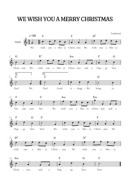 We Wish You a Merry Christmas for violin • easy Christmas sheet music with chords and lyrics image number null