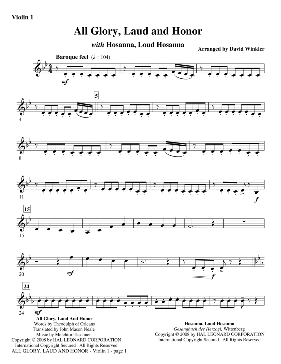 All Glory, Laud, And Honor (with Hosanna, Loud Hosanna) - Violin 1 Violin scores gallery preview page 1