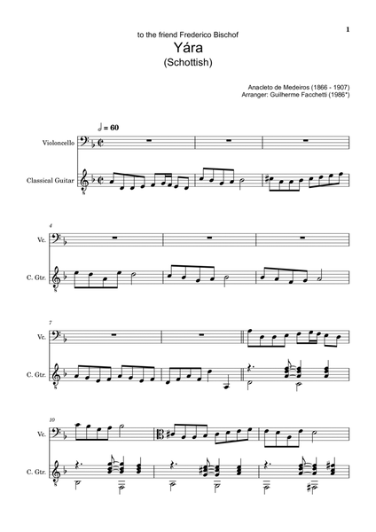 Anacleto de Medeiros - Yára. Arrangement for Cello and Classical Guitar. Score and Separated Parts image number null