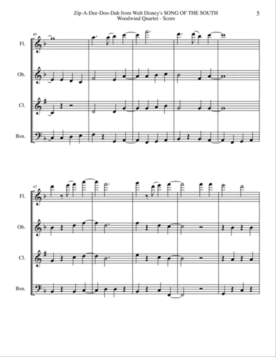 Zip-A-Dee-Doo-Dah Woodwind Quartet scores gallery preview page 5