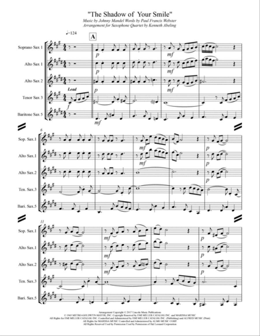 The Shadow Of Your Smile Saxophone Quartet scores gallery preview page 2