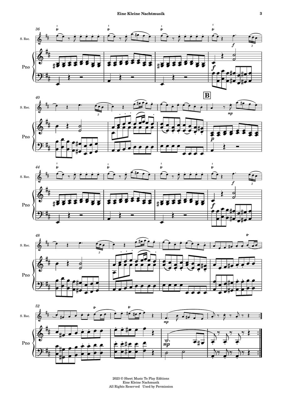 Eine Kleine Nachtmusik (1 mov.) - Soprano Recorder and Piano (Full Score and Parts) Soprano Recorder scores gallery preview page 4